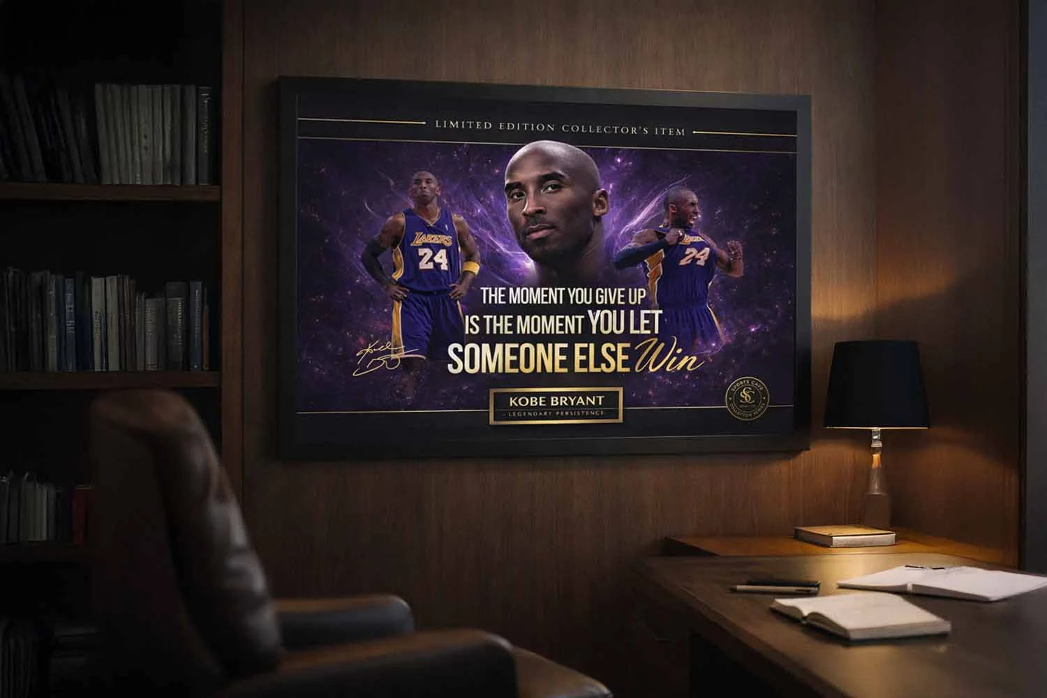 Kobe Bryant framed NBA artwork styled in a refined home office, reflecting legacy-driven sports wall art for serious collectors.