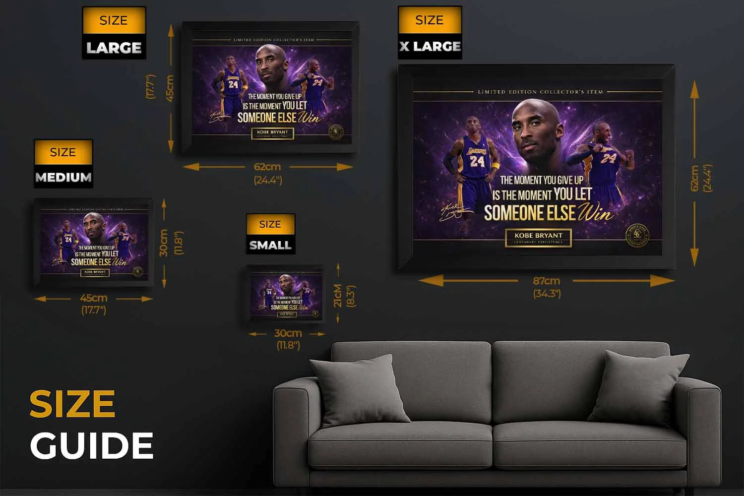 Size guide showing Kobe Bryant framed sports artwork across multiple dimensions, helping buyers choose the right premium sports collectibles.