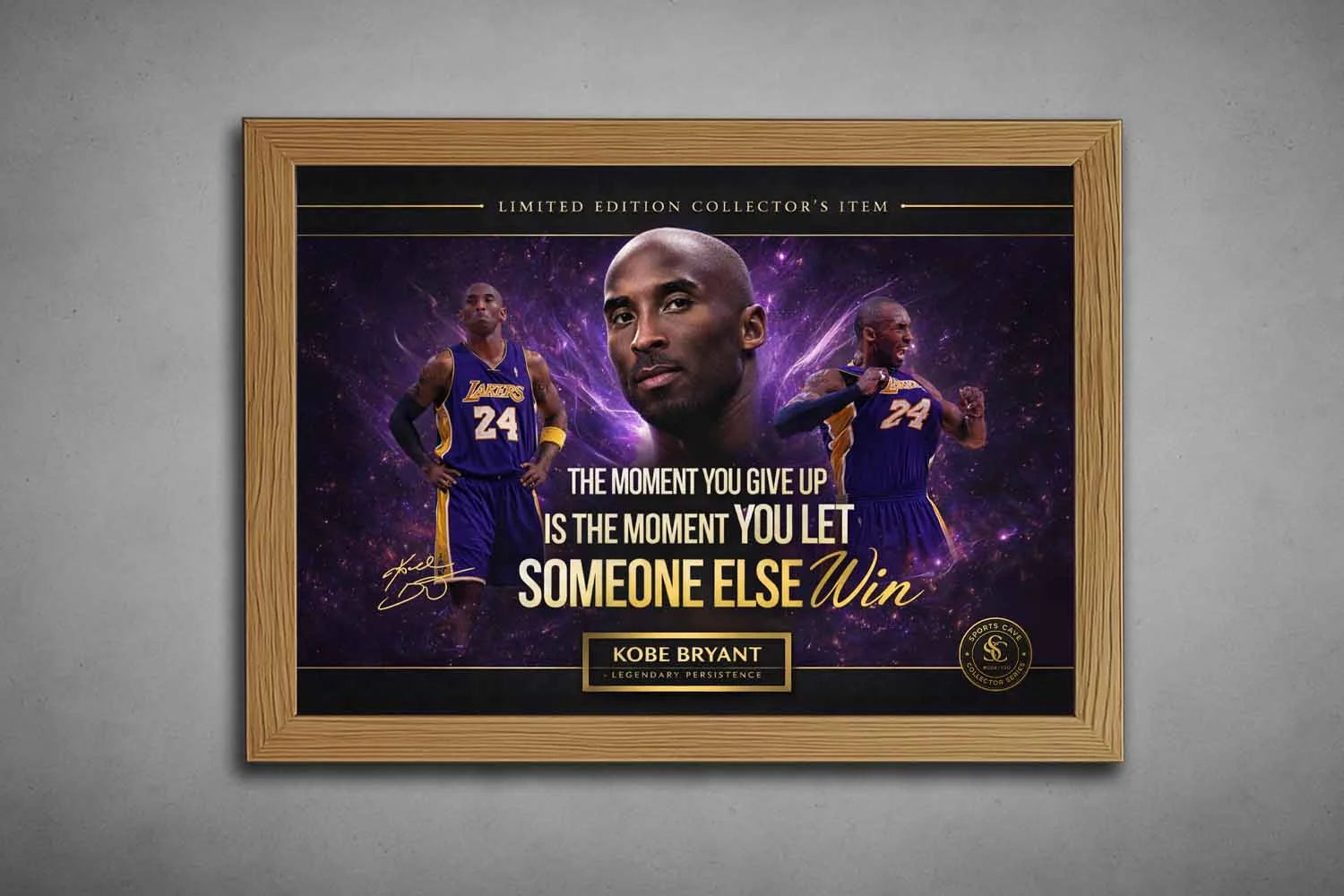 Oak framed Kobe Bryant NBA quote artwork displayed in a clean studio setting, crafted as refined sports wall art with timeless appeal.