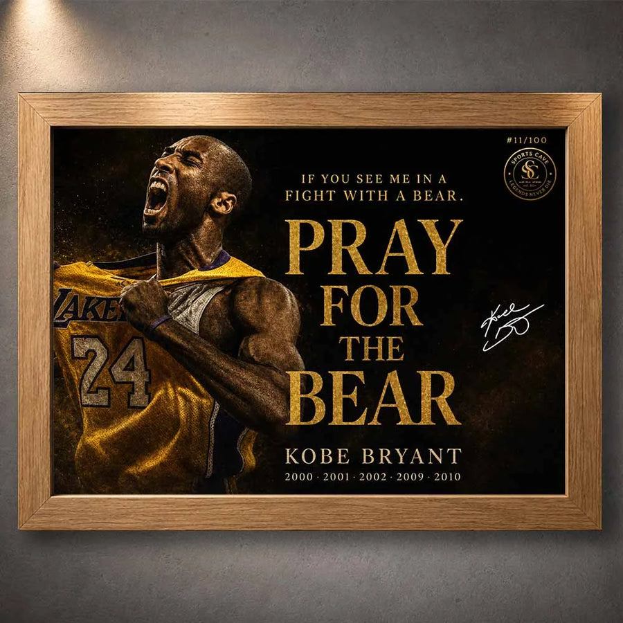 Kobe Bryant Pray For The Bear oak frame NBA sports wall art for man cave decor.