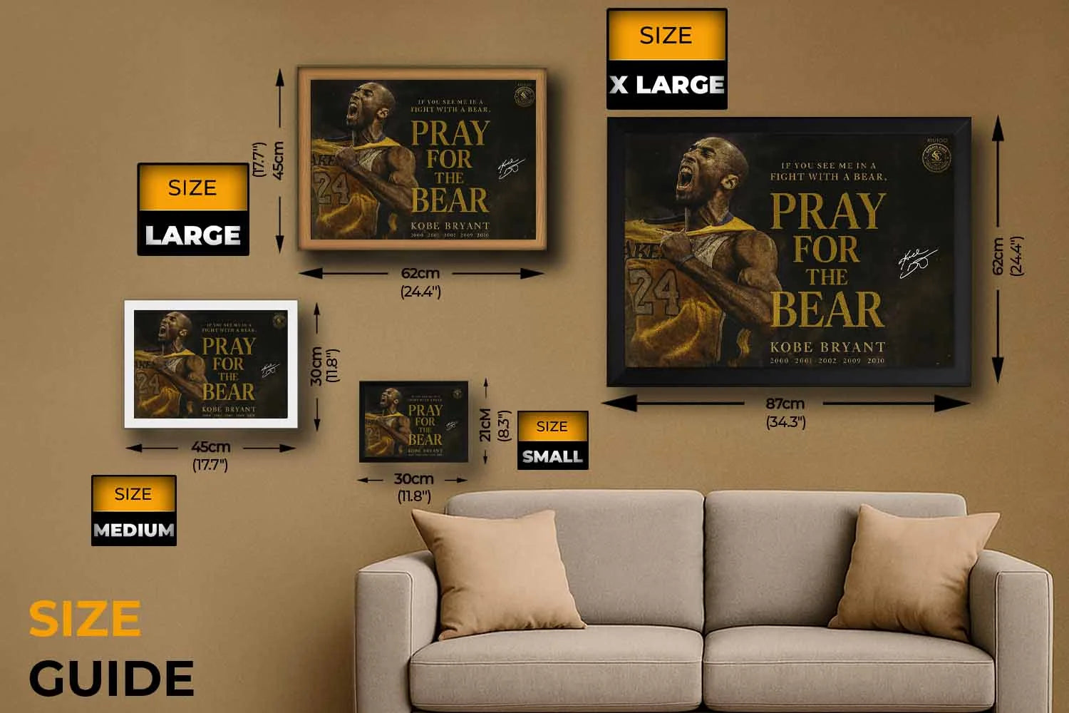 Kobe Bryant Pray For The Bear wall art size guide for framed NBA sports wall art by Sports Cave.