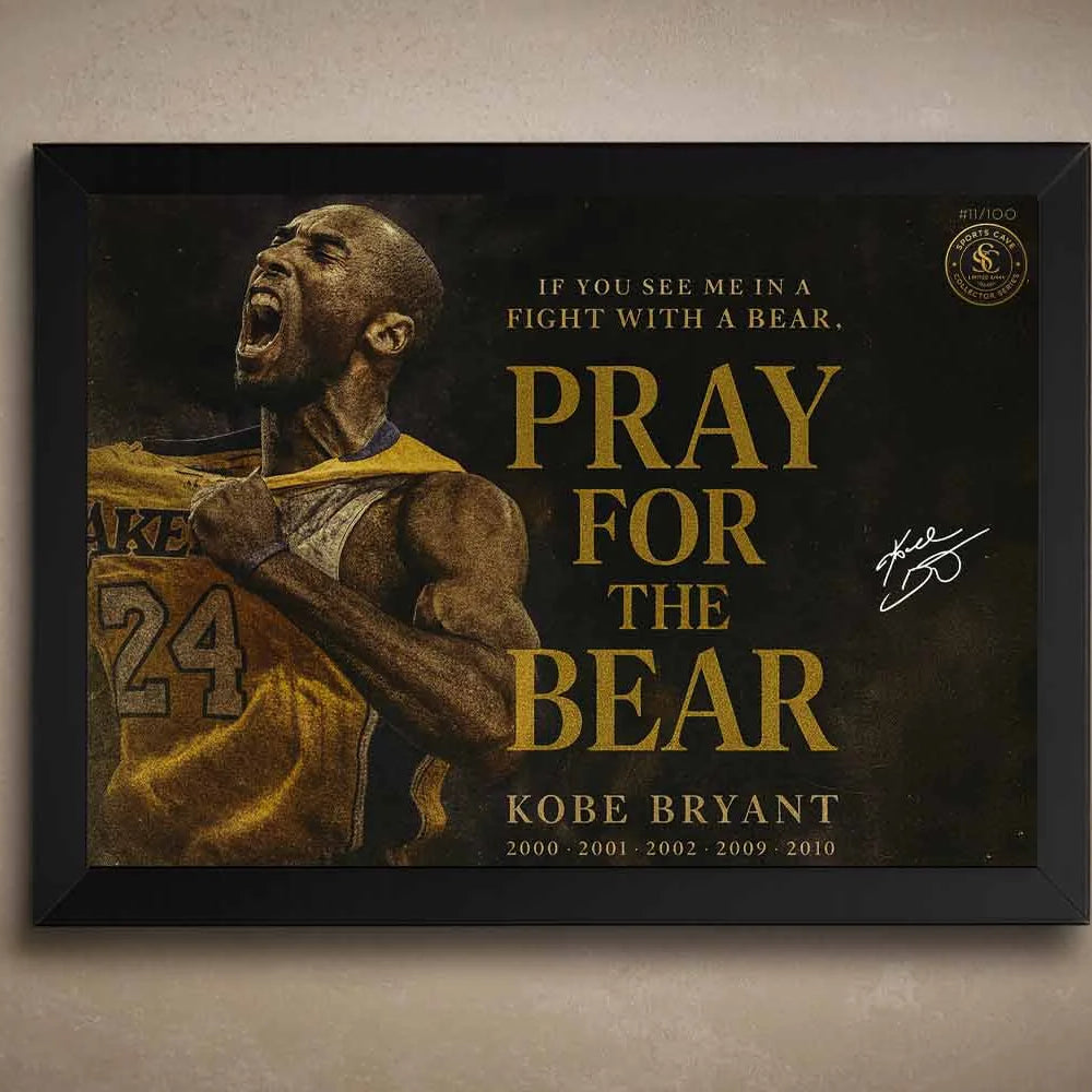 Kobe Bryant Pray For The Bear black framed NBA sports wall art on beige wall.
