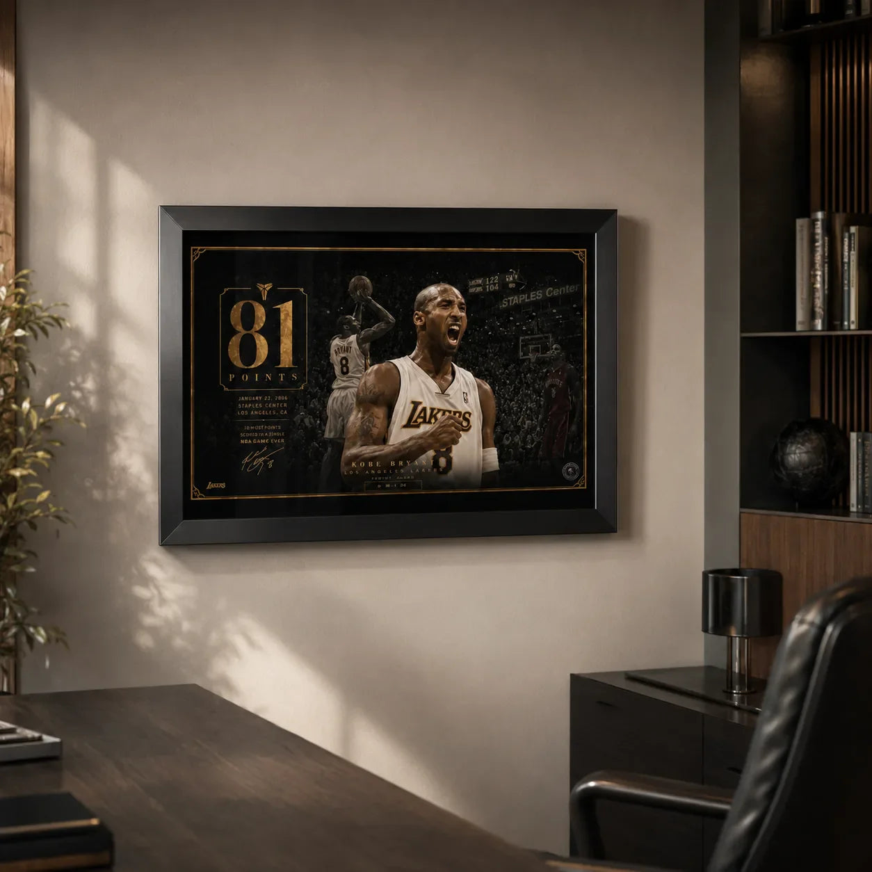 Kobe Bryant 81-point game framed artwork displayed in a home office with dark shelving