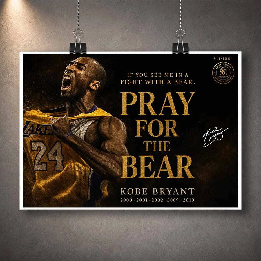 Unframed Kobe Bryant Pray For The Bear poster NBA sports wall art hanging with clips.