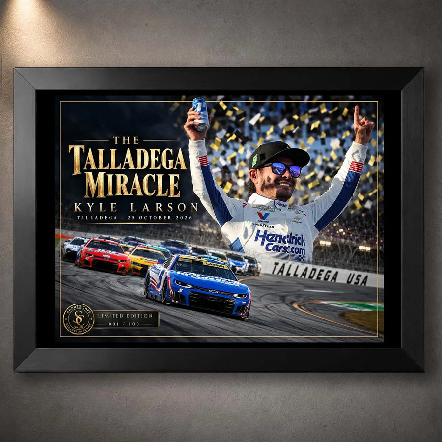 Kyle Larson The Talladega Miracle NASCAR wall art in a black frame, featuring his celebration and No. 5 Chevrolet.