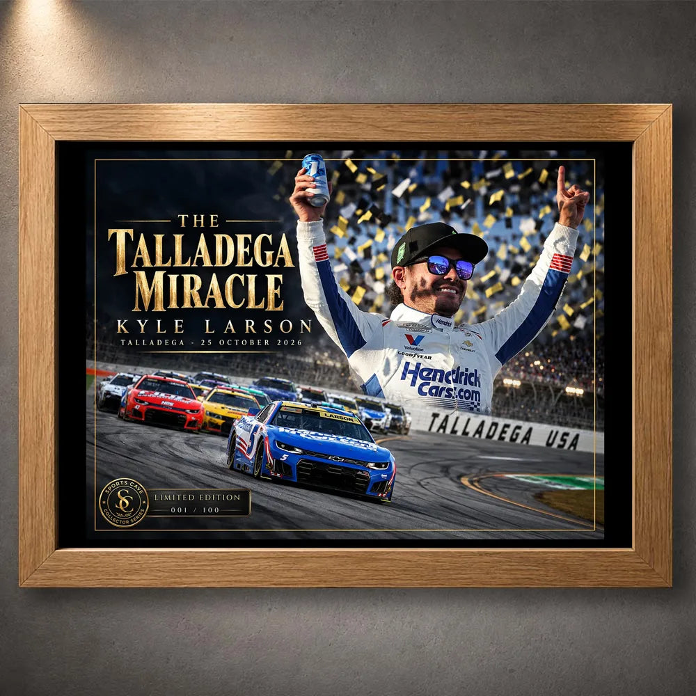 Kyle Larson The Talladega Miracle NASCAR edition in an oak frame, with gold lettering and his No. 5 Chevrolet.