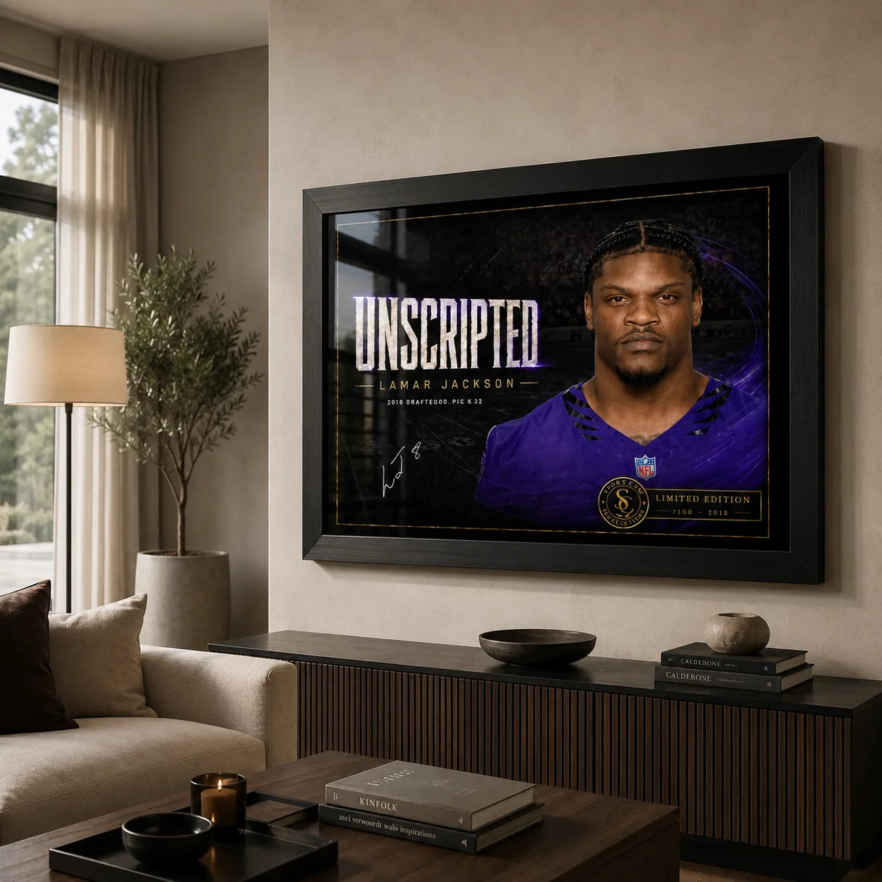 Lamar Jackson wall art displayed in a modern living room, with the black framed Unscripted NFL MVP design above a console.