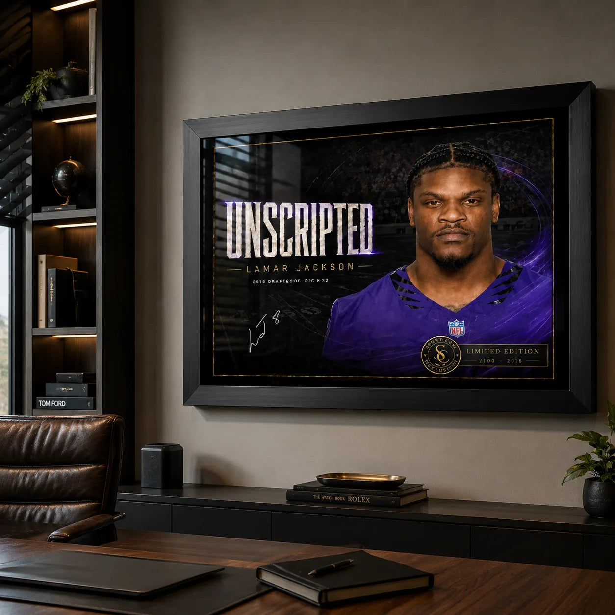 Lamar Jackson wall art in a refined man cave setting, shown in a black frame with the Unscripted NFL MVP tribute.