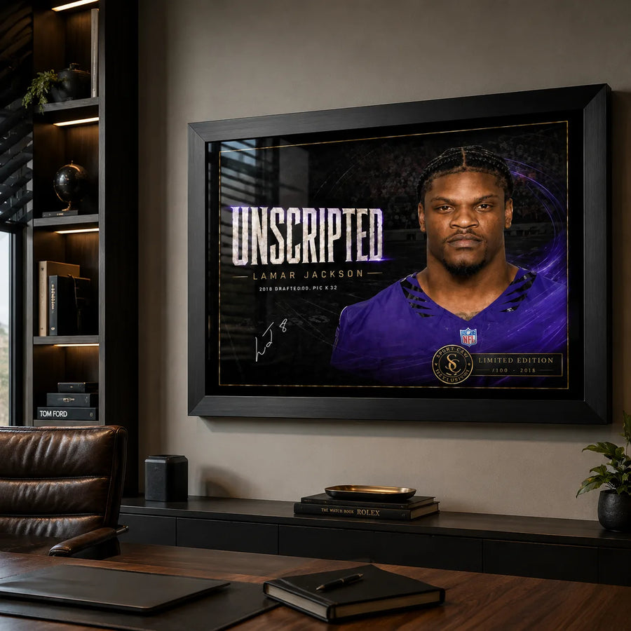 Lamar Jackson wall art in a refined man cave setting, shown in a black frame with the Unscripted NFL MVP tribute.