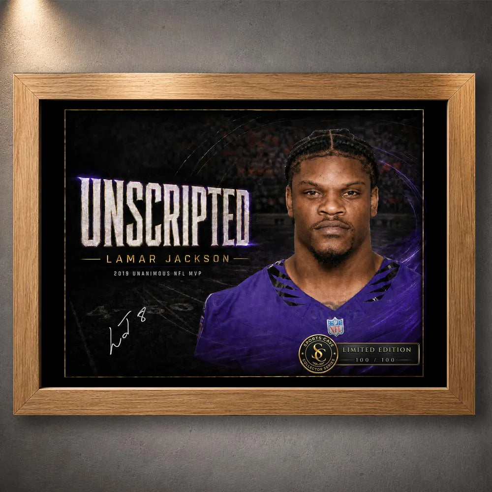Oak framed Lamar Jackson wall art featuring the Unscripted 2019 unanimous NFL MVP tribute for a sports room or collection.