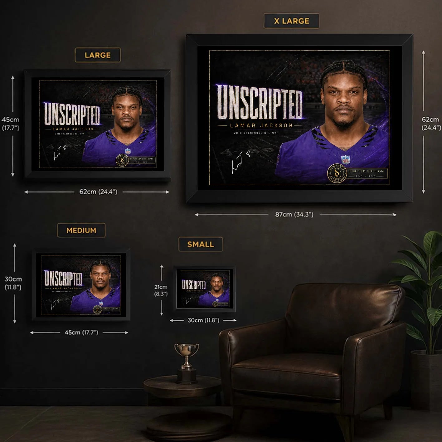 Lamar Jackson wall art size guide showing Small, Medium, Large and XL framed dimensions in centimetres and inches.