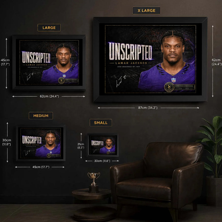 Lamar Jackson wall art size guide showing Small, Medium, Large and XL framed dimensions in centimetres and inches.