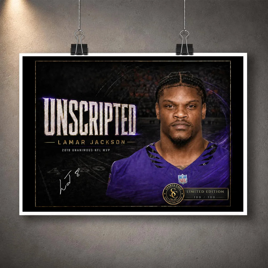 Unframed Lamar Jackson wall art featuring the Unscripted 2019 unanimous NFL MVP collector design on a dark background.