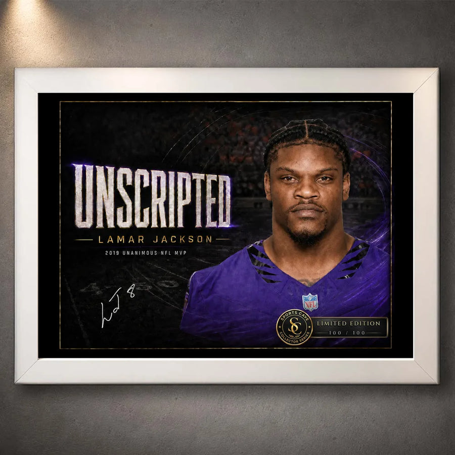 White framed Lamar Jackson wall art featuring the Unscripted NFL MVP tribute against a dark display wall.