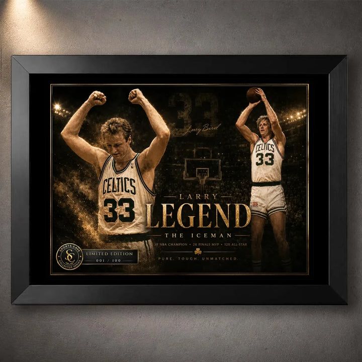 Larry Bird wall art in a black frame featuring Celtics number 33 tribute artwork with two classic basketball poses.