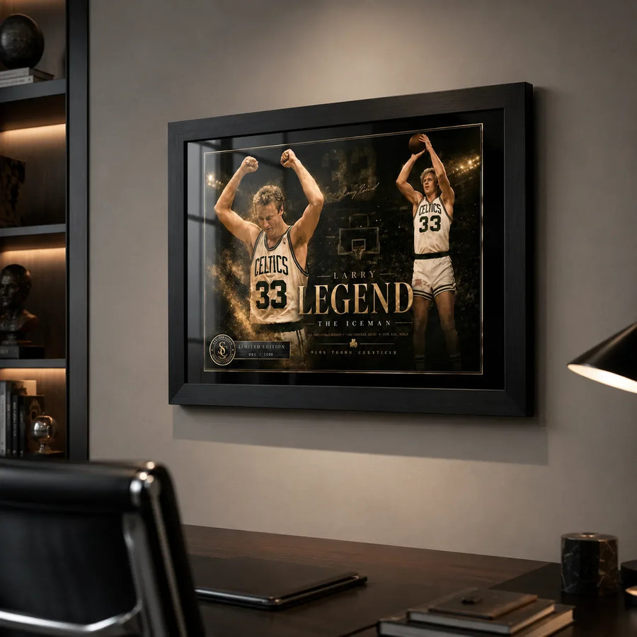 Larry Bird wall art in black frame mounted in a dark home office with shelving, desk, and warm lighting.