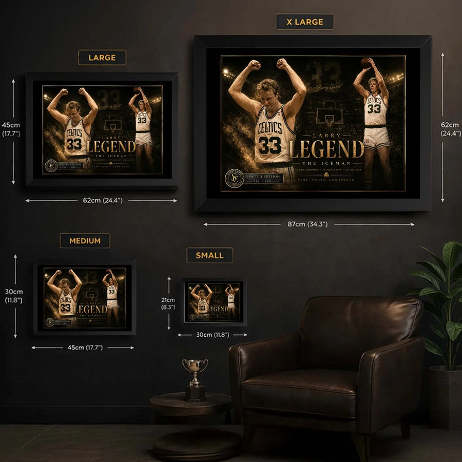 Larry Bird wall art size guide showing small, medium, large, and XL framed dimensions in centimetres and inches.