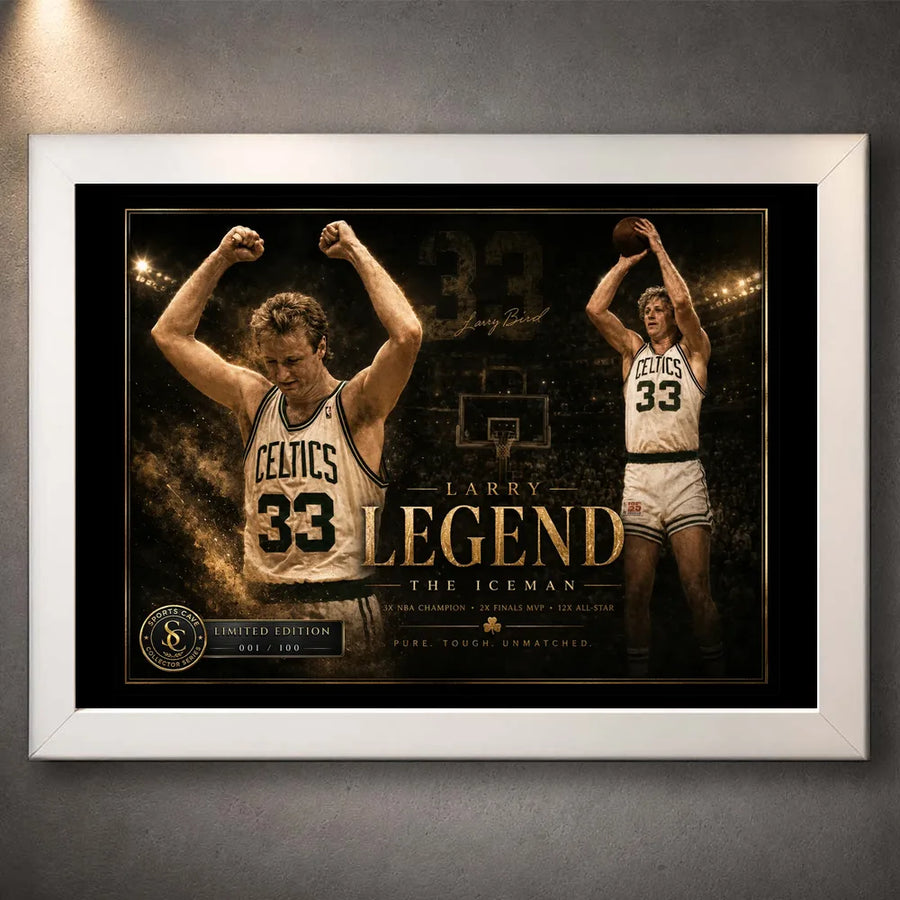 Larry Bird wall art in a white frame showing Celtics number 33 tribute artwork against a grey textured wall.