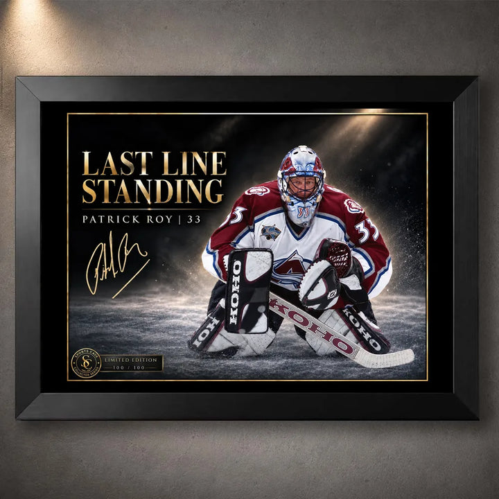 Black framed Patrick Roy hockey wall art featuring the Last Line Standing collector design for a dedicated hockey display.