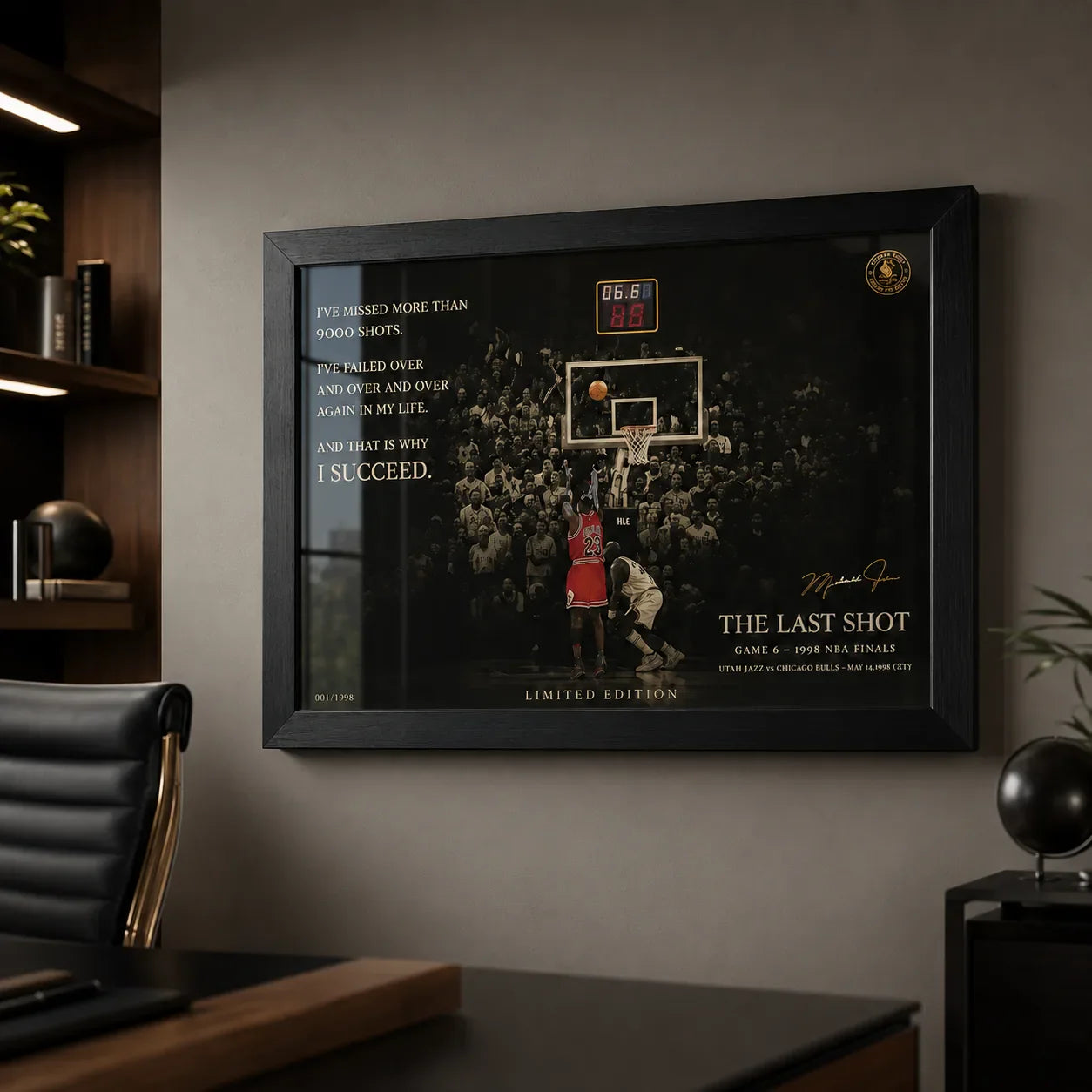 Last shot basketball wall art in a black frame displayed on an office wall with shelves and a leather chair.