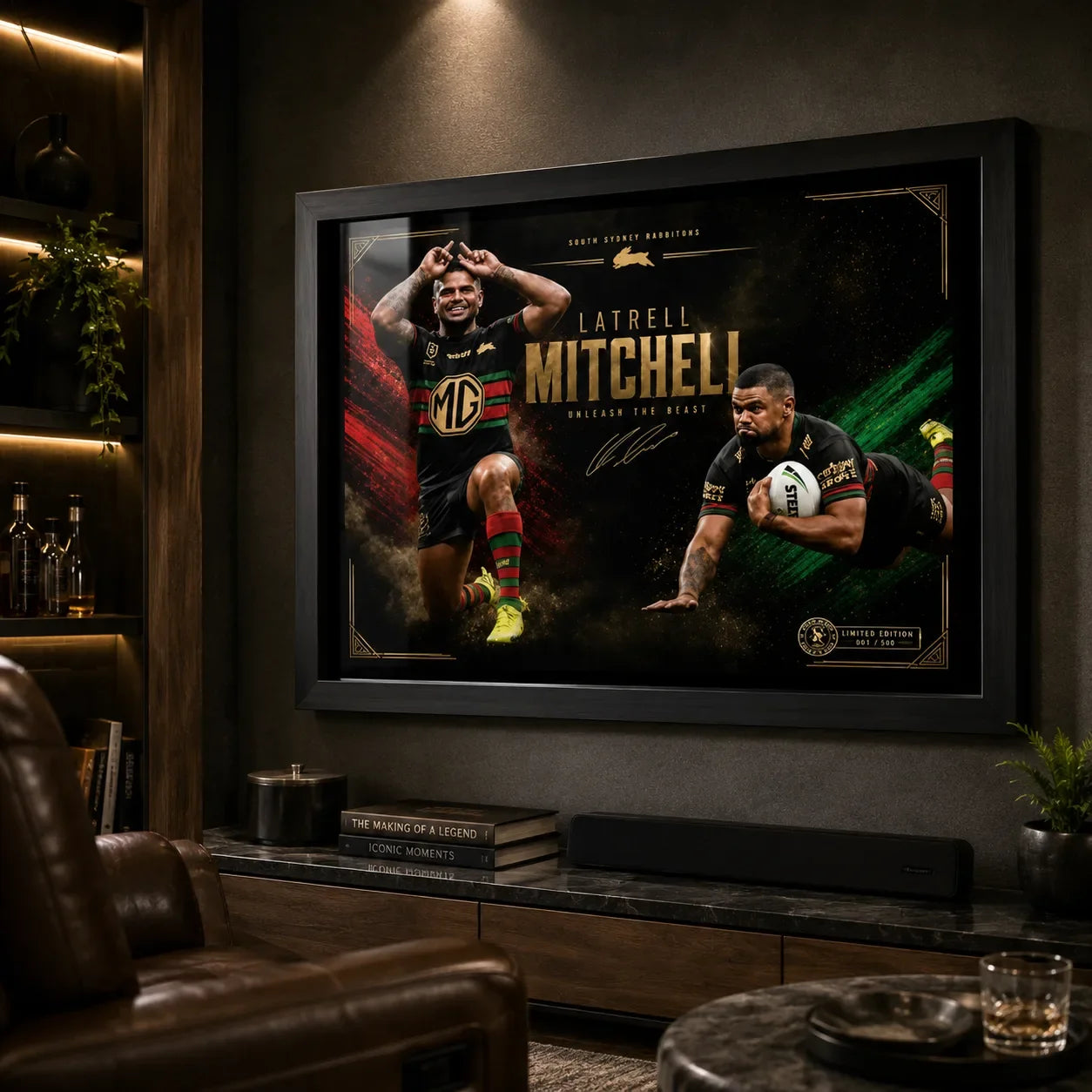 Black framed Latrell Mitchell wall art displayed in a dark man cave with warm shelving and leather seating.