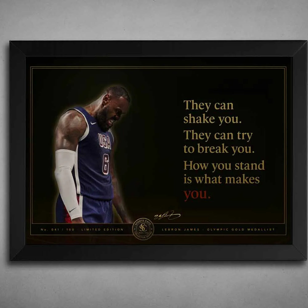 LeBron James USA motivational quote black framed NBA wall art on a grey wall limited edition basketball print by Sports Cave.