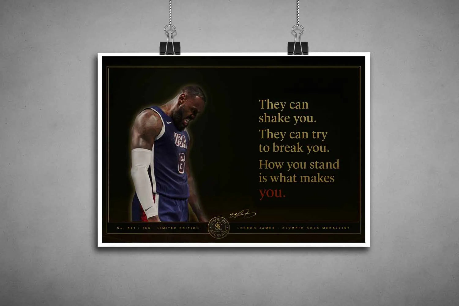 LeBron James USA motivational quote unframed NBA wall art poster hanging with clips minimalist basketball print.