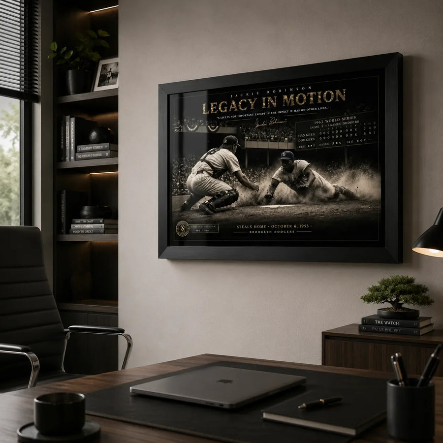 Jackie Robinson Legacy in Motion baseball wall art displayed in a modern office above a dark timber desk