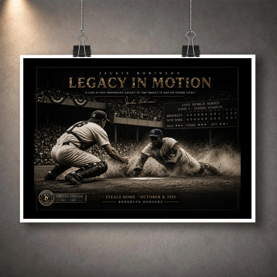 Unframed Jackie Robinson Legacy in Motion baseball artwork showing his dramatic steal of home