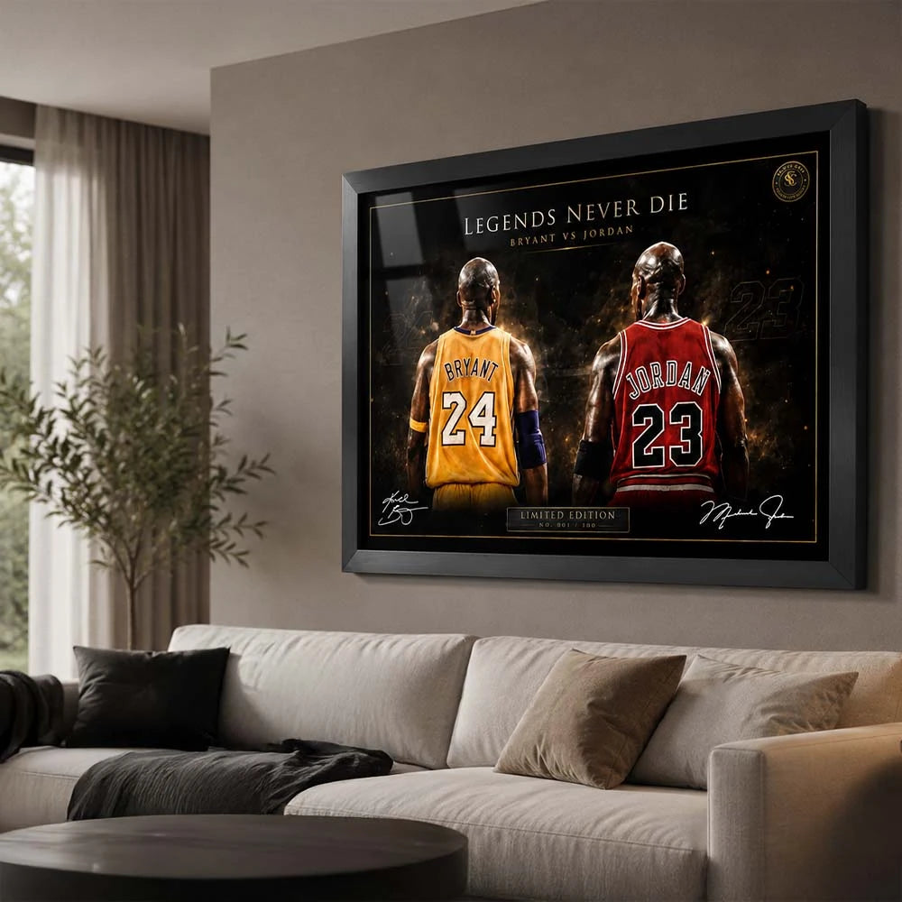 Framed Kobe Bryant vs Michael Jordan basketball wall art displayed in a minimalist living room.