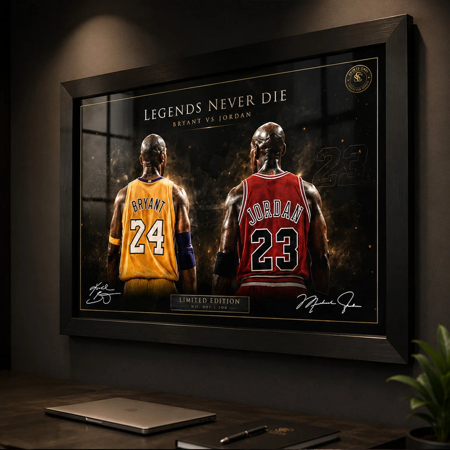 Framed Kobe Bryant vs Michael Jordan basketball wall art displayed in a minimalist office