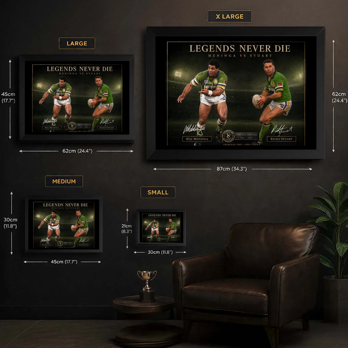 Meninga vs Stuart wall art size guide showing Small, Medium, Large and X Large framed dimensions.