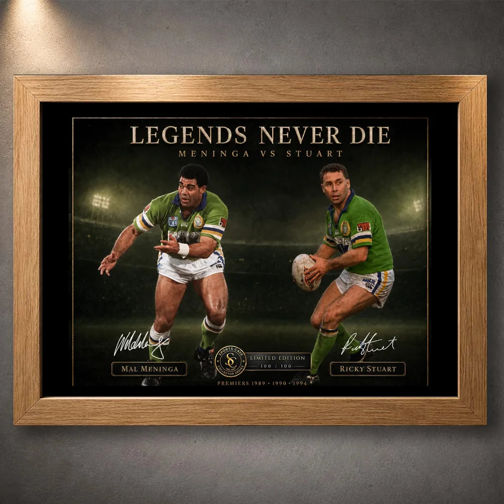 Oak framed Meninga vs Stuart rugby league wall art with the Legends Never Die collector design.