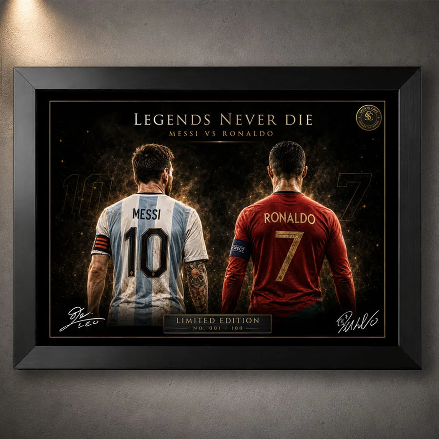 Messi vs Ronaldo black framed soccer wall art, limited edition sports print for football collectors.