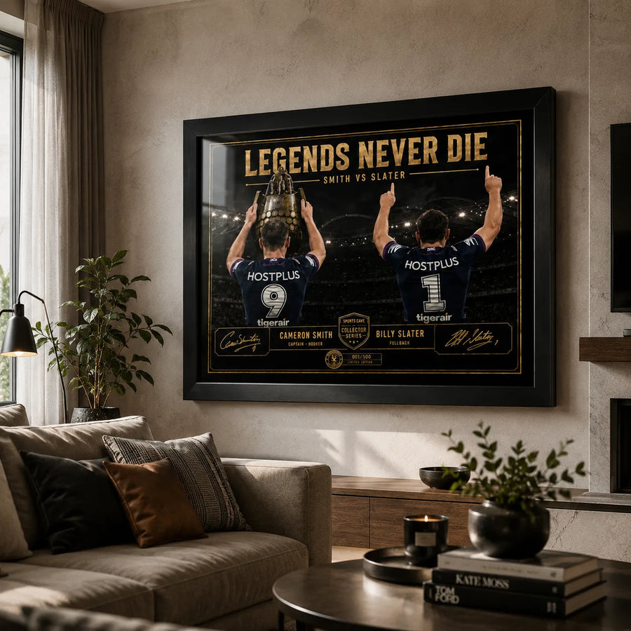 Smith VS Slater rugby league wall art displayed in a warm living room, black framed above a sofa in a neutral interior.