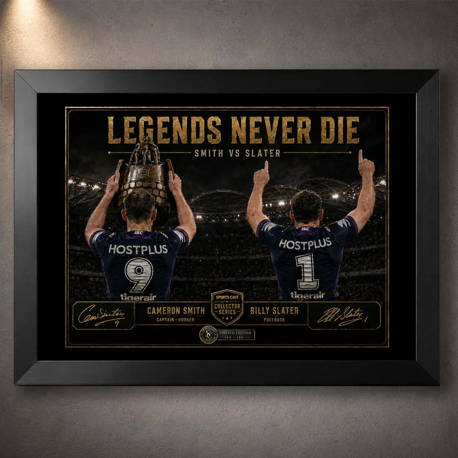 Black framed Legends Never Die Smith VS Slater rugby league wall art featuring Cameron Smith and Billy Slater in a stadium tribute.