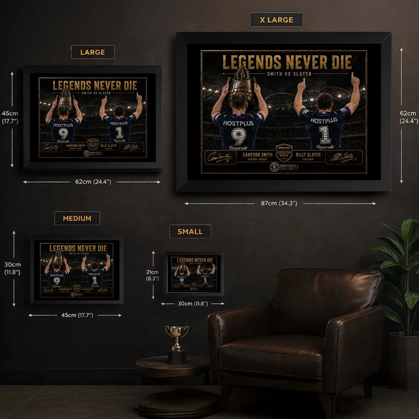 Legends Never Die Smith VS Slater wall art size guide showing Small, Medium, Large and X Large framed dimensions.