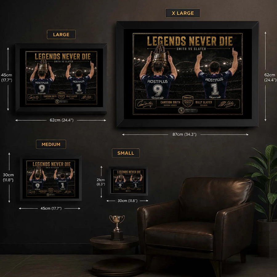 Legends Never Die Smith VS Slater wall art size guide showing Small, Medium, Large and X Large framed dimensions.