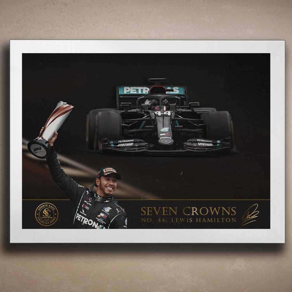 White Framed Lewis Hamilton Formula 1 wall art with race-winning celebration and Mercedes F1 car in dynamic teal graphic background.