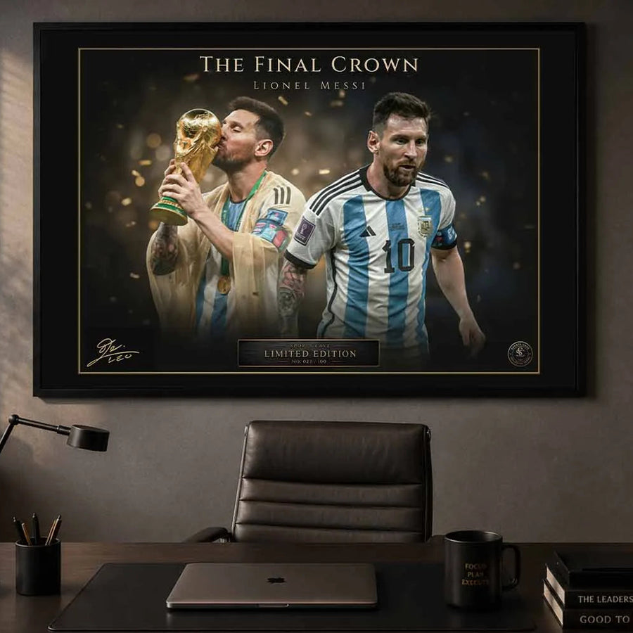 Lionel Messi office sports wall art mockup featuring framed Argentina World Cup championship artwork.