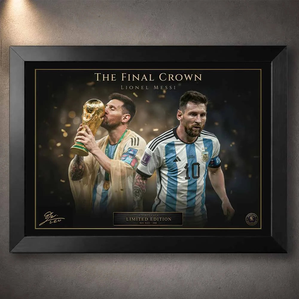 Black framed Lionel Messi World Cup sports wall art celebrating Argentina’s historic championship win.