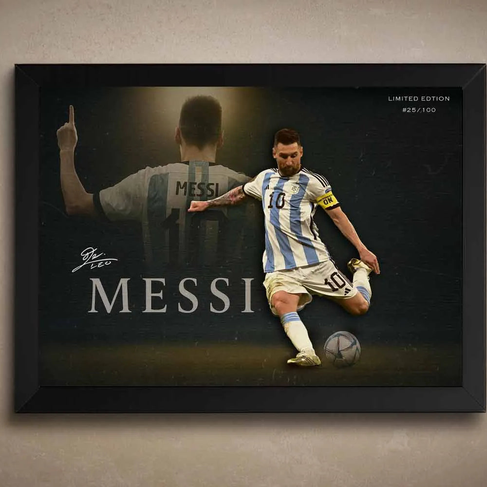 Lionel Messi wall art in Argentina kit — black-framed by Sports Cave; premium framed sports memorabilia for man cave decor.