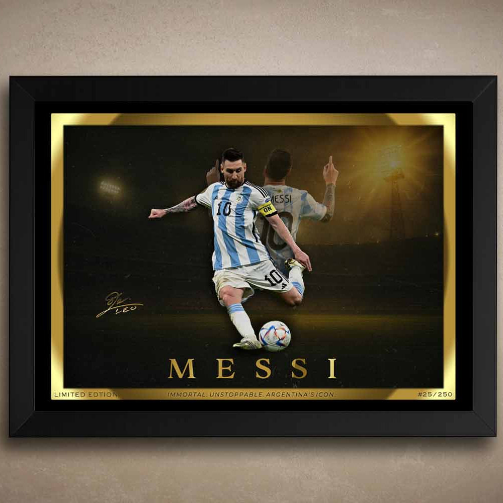 Framed limited edition Lionel Messi wall art featuring a dramatic stadium backdrop, perfect for man cave wall décor or premium sports collectibles displays.