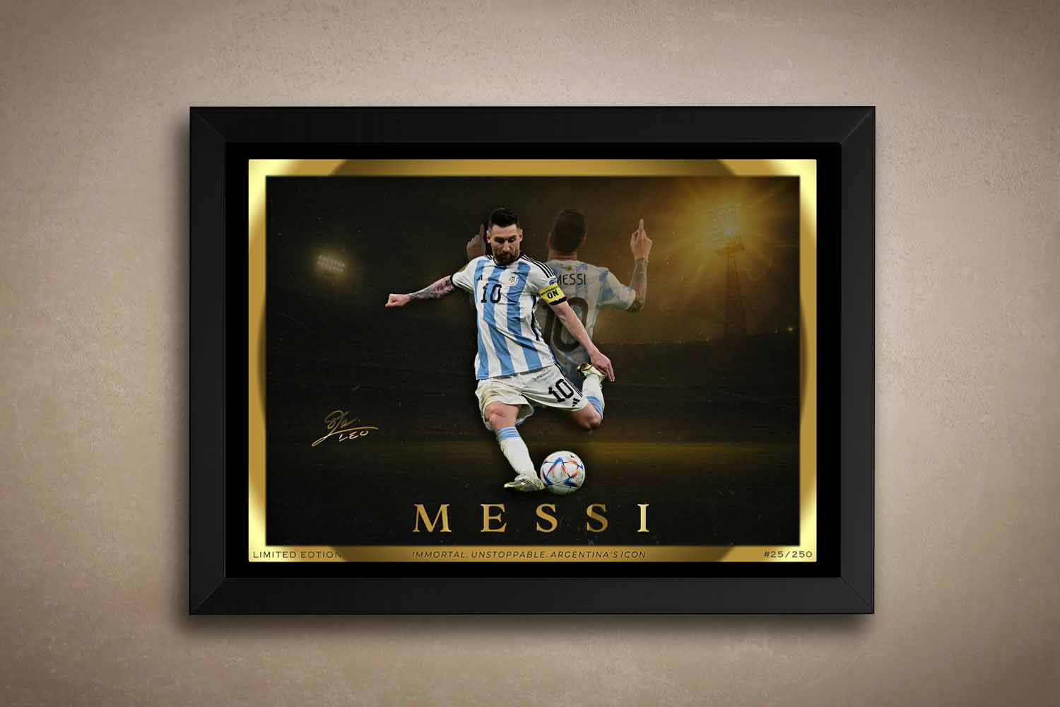 Framed limited edition Lionel Messi wall art featuring a dramatic stadium backdrop, perfect for man cave wall décor or premium sports collectibles displays.