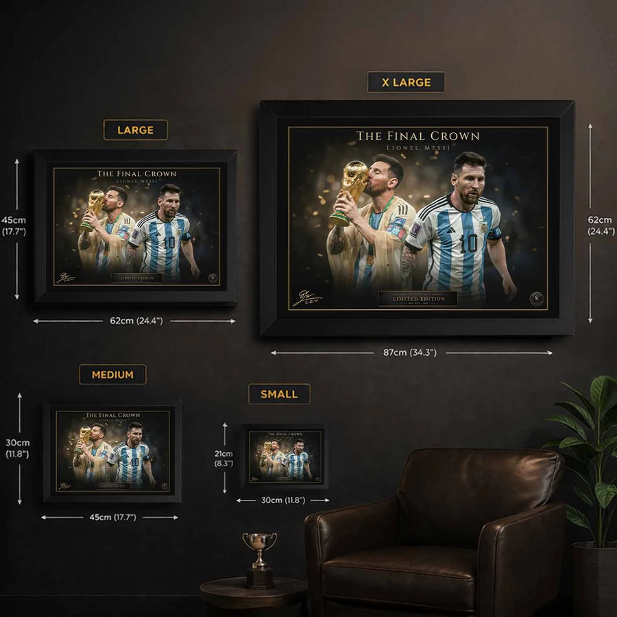 Lionel Messi framed sports memorabilia size guide showing small, medium, large and XL wall art options.