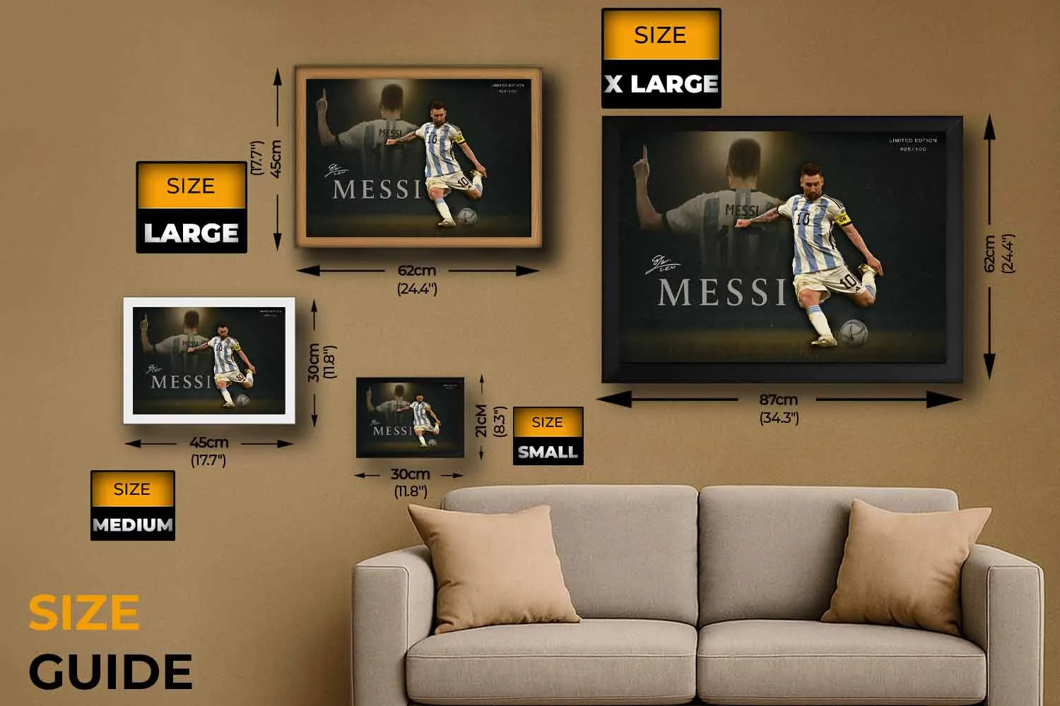 Lionel Messi Argentina wall art size guide — framed and unframed options by Sports Cave for collectors of sports wall art.