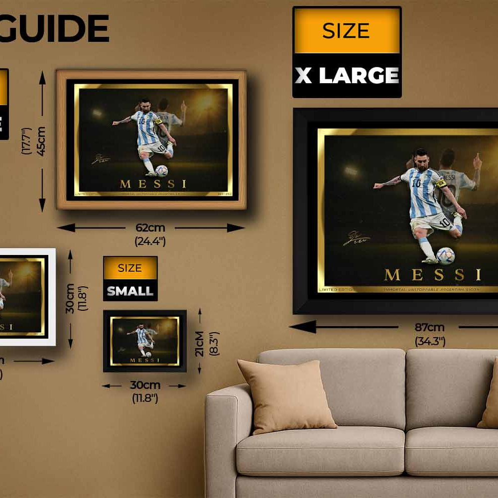 Lionel Messi framed sports art size guide showcasing small, medium, large, and extra-large poster dimensions — ideal for man cave wall décor and premium sports collectibles.