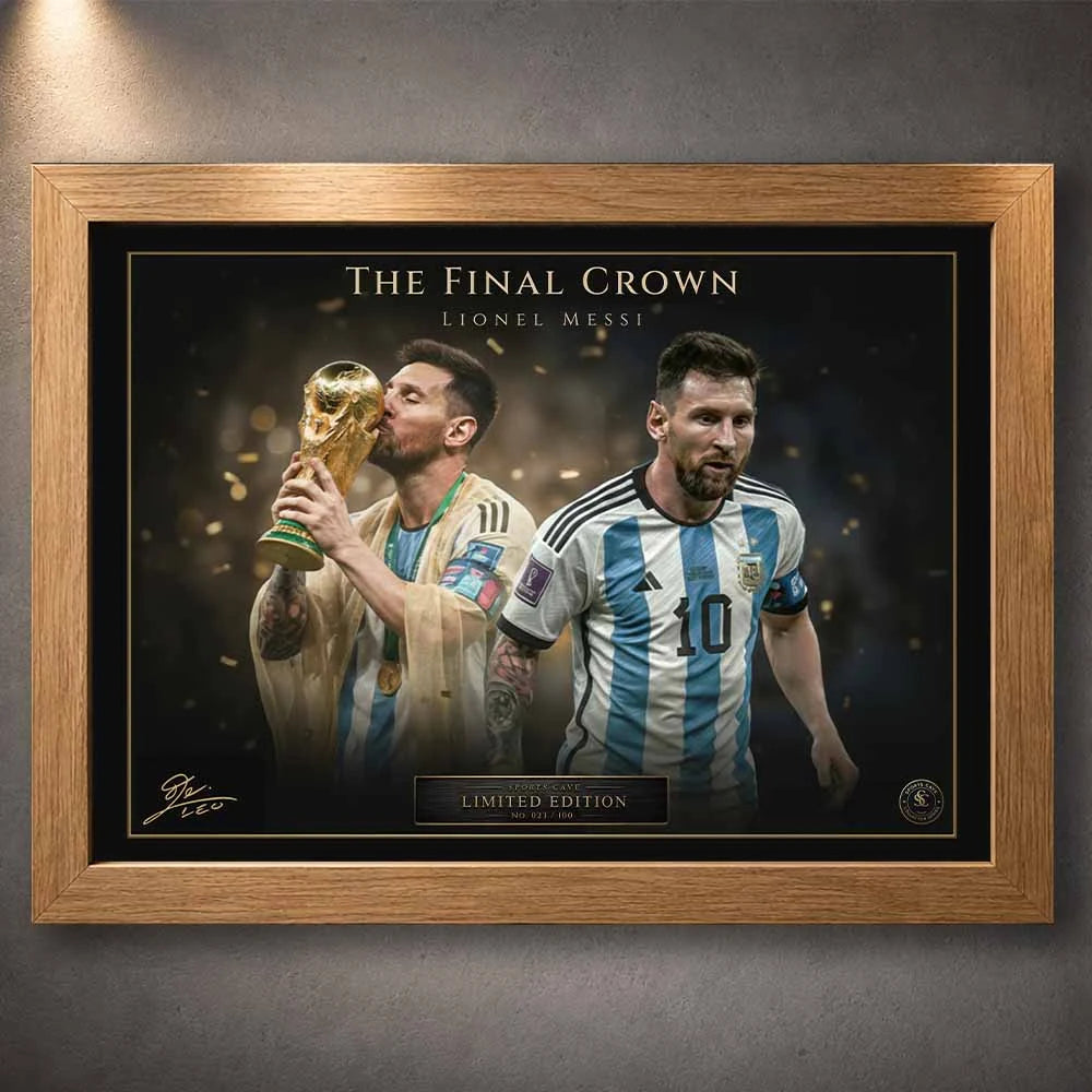 Oak framed Lionel Messi sports art print featuring Argentina World Cup celebration in classic wood frame.