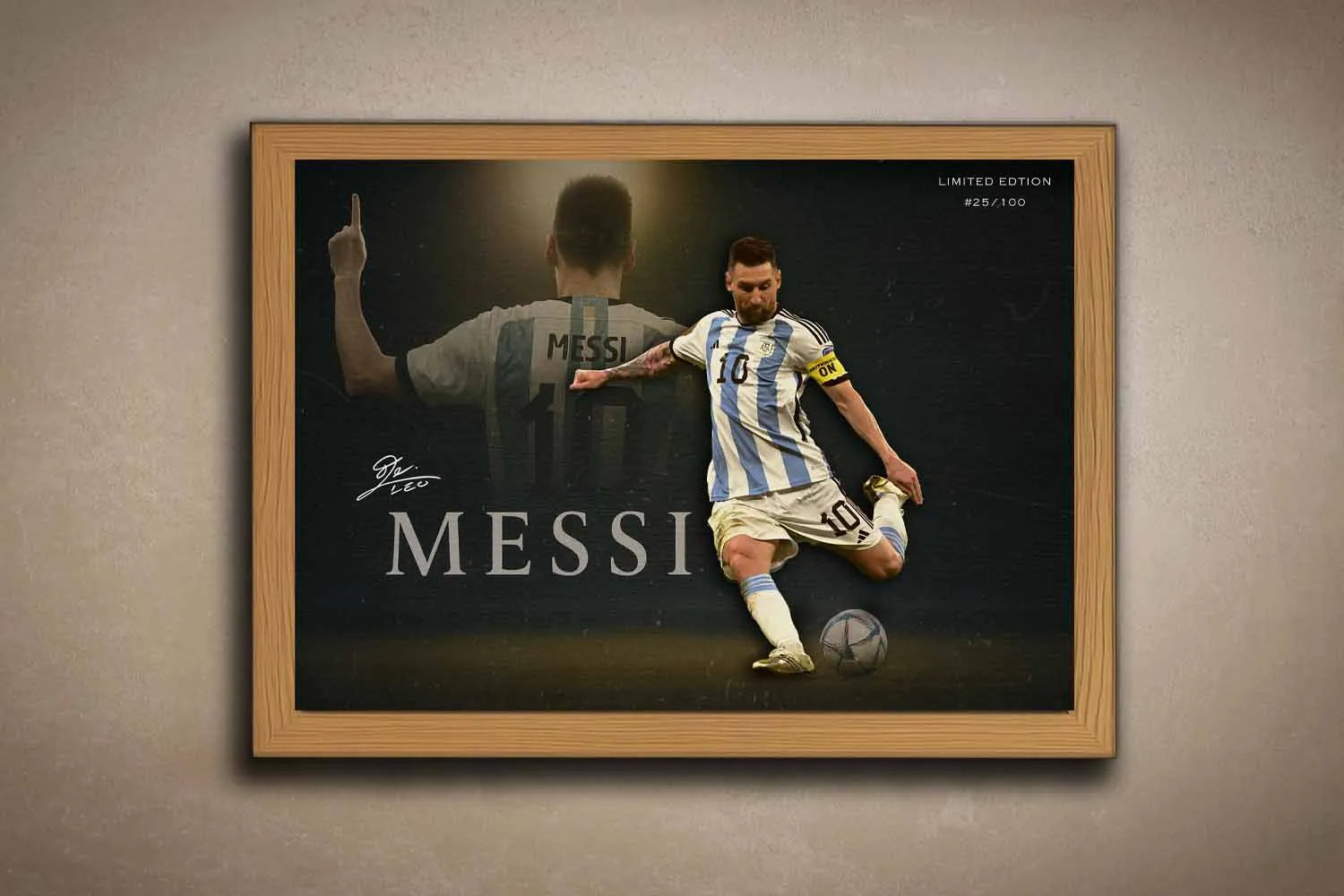 Lionel Messi wall art, Argentina edition — oak-framed by Sports Cave; premium collectible for dedicated football fans.