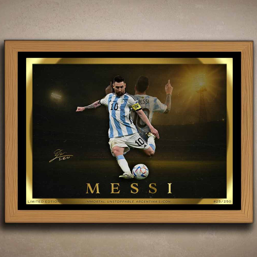 Lionel Messi wall art in a premium oak frame, featuring limited edition sports art perfect for man cave décor and framed sports memorabilia collections.
